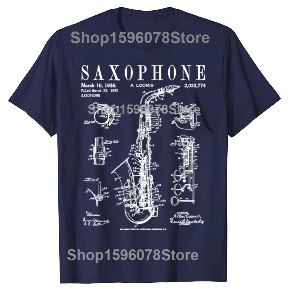 Saxophone Old Vintage Patent Drawing TShirt Unisex Clothing Fashion T Shirts Cotton Short Sleeve Oversized Loose Tshirt Tops S