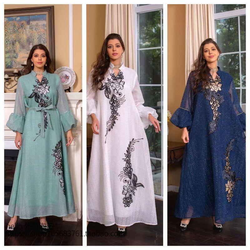 European and American 2023 New Women's clothing dress Embroidery Lace-up Long dress Embroidered Lace up Dress