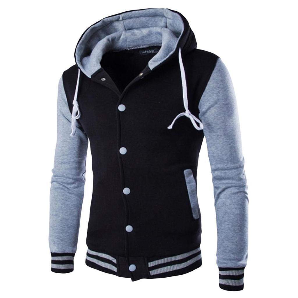 Men's Slim Fit Baseball Jacket Casual Sports Hooded Fleece Lined Button Pullover Sweatshirt With Pocket