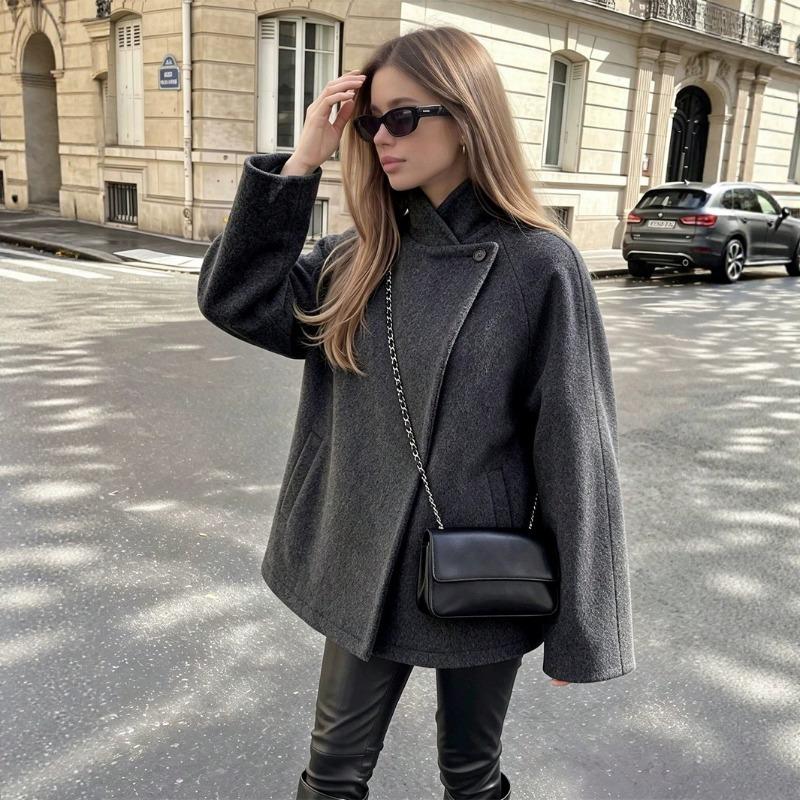 Women S Loose Long Sleeve Stand Collar Single Breasted Coat
