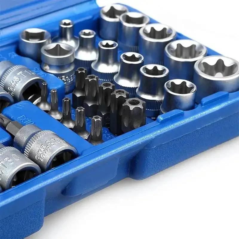 34pcs Sleeve Batch Head Set Motor Repairing Deep Impact Socket Set Hex Socket Assembly Tools Combination Tool for Auto Repair