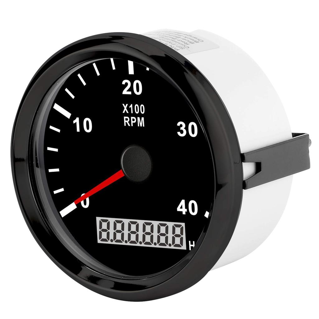Tachometer, 85mm Pointed 4000RPM Tachometer Gauge Boat Sailboat Diesel Generator Engine/Gasoline Engine (Black with Black Frame)