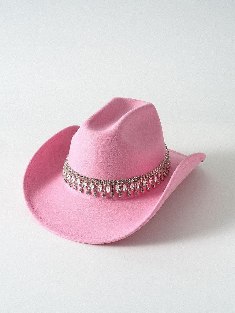 Hot-selling wide metal double-row rhinestones hand-sewn crystal pendant fringed chain top hat western cowboy hat felt hat