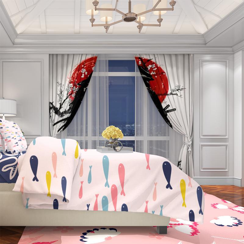 2pcs- Cherry Blossom Sunset Samurai Polyester Curtains, Pole Bag Curtains 42*84, Bedroom, Living Room, Home Room Decoration