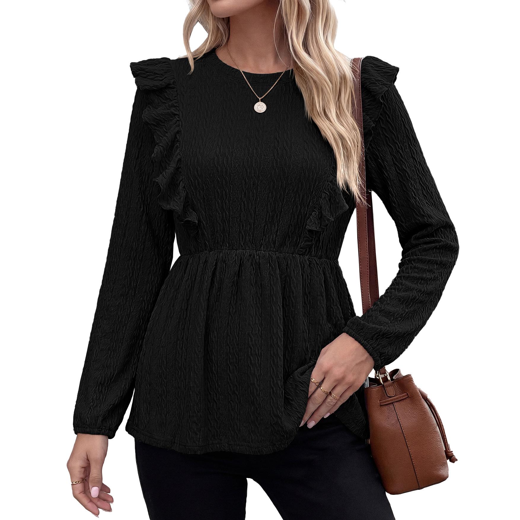 Womens Solid Color Ruffled Round Neck Loose Long Sleeve T Shirt S