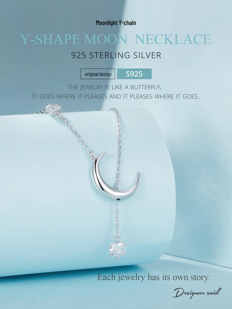 Everle Minimalist Moon Y Necklace: S925 Sterling Silver, Rhodium-Plated, Zircon Adorned Versatile Jewelry for Women.