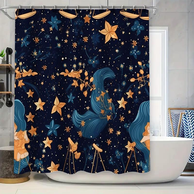 Blue Moonlight Shower Curtain Mermaid Starfish Design for Bathroom Decoration Waterproof Fabric Decorations for Kids Bathrooms