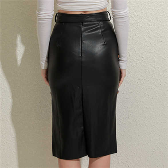 Ladies Sexy Lace-Up Leather Skirt Party Dress Fashion Solid Color Casual Bodycon Midi Skirt