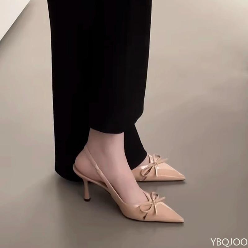 Sharp bow bow shallow high heels 2025 Summer new style with slim heels fashionable elegant temperament simple women's shoes