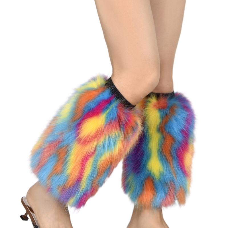 Womens Rainbow Colorful Furry Leg Warmers Autumn Winter Vintage Faux Fur Plush Boot Covers Cuffs Hipster Warm Socks