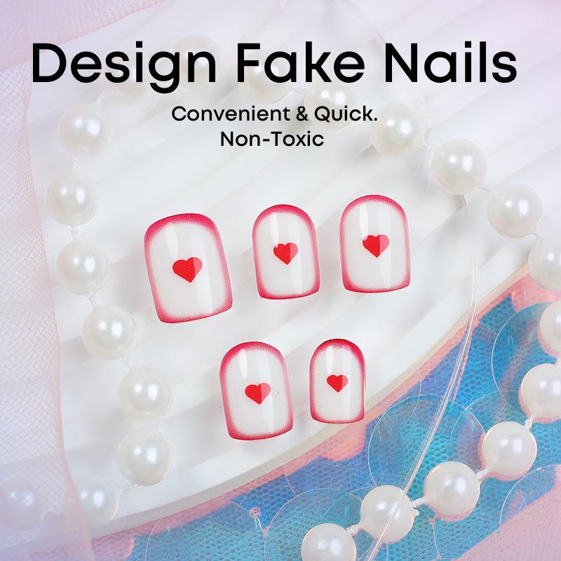 European Style French Red-Edge Sweetheart Press-On Nails - Simple Red Heart Short Tips