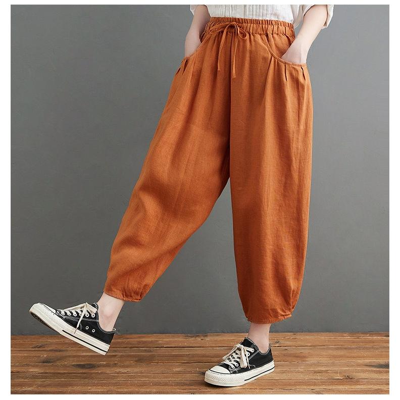 Summer Literary and Artistic Loose Solid Color Cotton and Linen Lace-up Elastic Waist Bloomers Nine-point Pants Carrot Pants Women's Pants