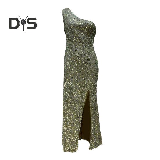 Robe de soirée pour femme, col incliné, une épaule, sans manches, paillettes, ourlet fendu, coupe ajustée, robe de soirée, maxi, soirée d'été