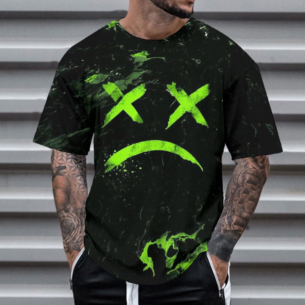Summer Round Neck 3D Neon Graffiti Skull Graphic Print Top Fashionable Casual Short Sleeved Men's T-shirts