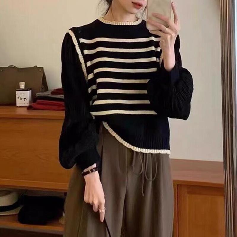 French Fake Two Piece Puff Sleeve Knit Top Women Spring Stripe Patchwork Cropped Round Neck Slimming Shirt