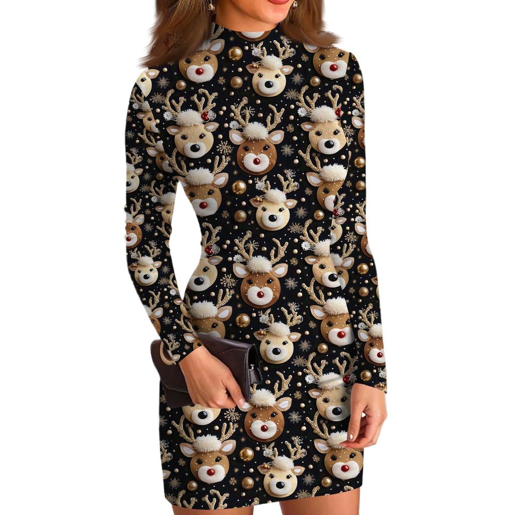 Vestido Casual Feminino de Gola Alta, Manga Comprida, Estampado, Justo