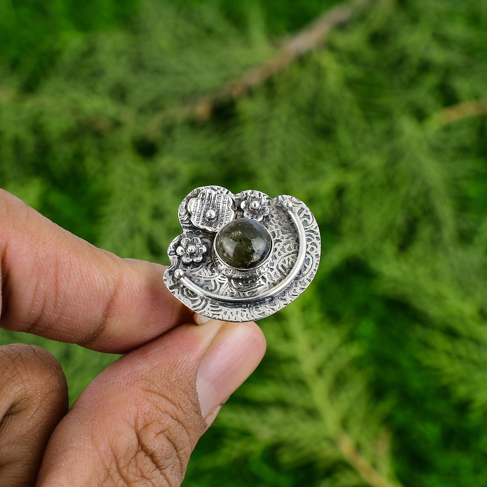 

925 Sterling Silver Labradorite Gemstone Sister Promise Flower Statement Ring Adjustable