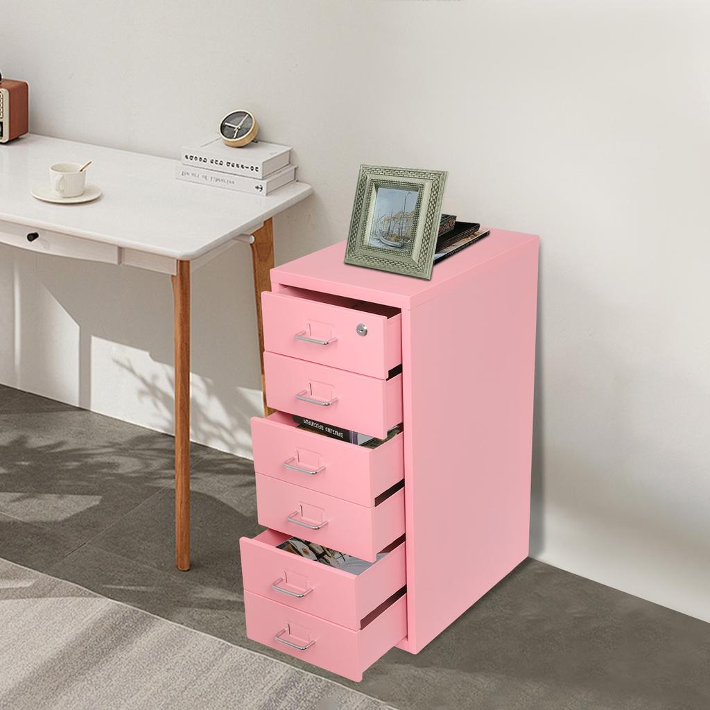 Vertical File Cabinet with 6 Tiers, 2 Keys, Lockable Metal Storage Organizer on Wheels, Pink Furniture for Document Organization