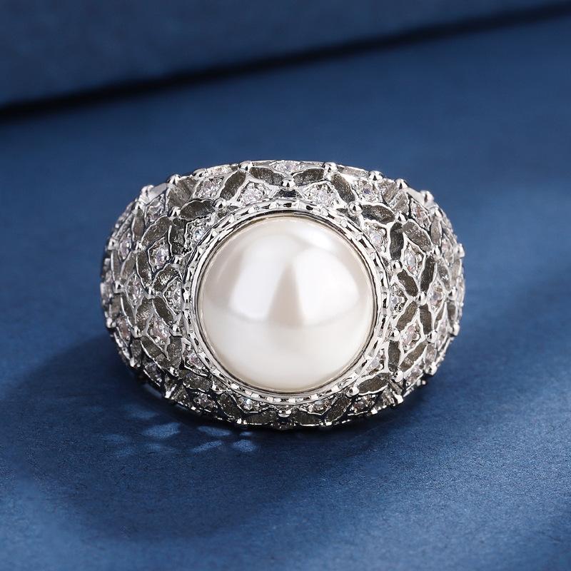 

Jewelry Copper Bottom Gold-Plated Bead Light Gold White Pearl Retro Hollow Diamond Ring 10Mm