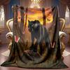1pc 2D Black Leopard In Forest Sunset with Red Butterfly Companion Theme Pattern Flannel Blanket, Soft HD Digital Print, Cooling Blanket All Year Roun