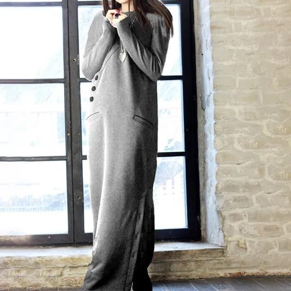 Women Winter Warm Dress Spring Basic Maxi Dress Vintage Long Sweatshirt Dress Casual Pullovers Long Sleeve Button Vestidos