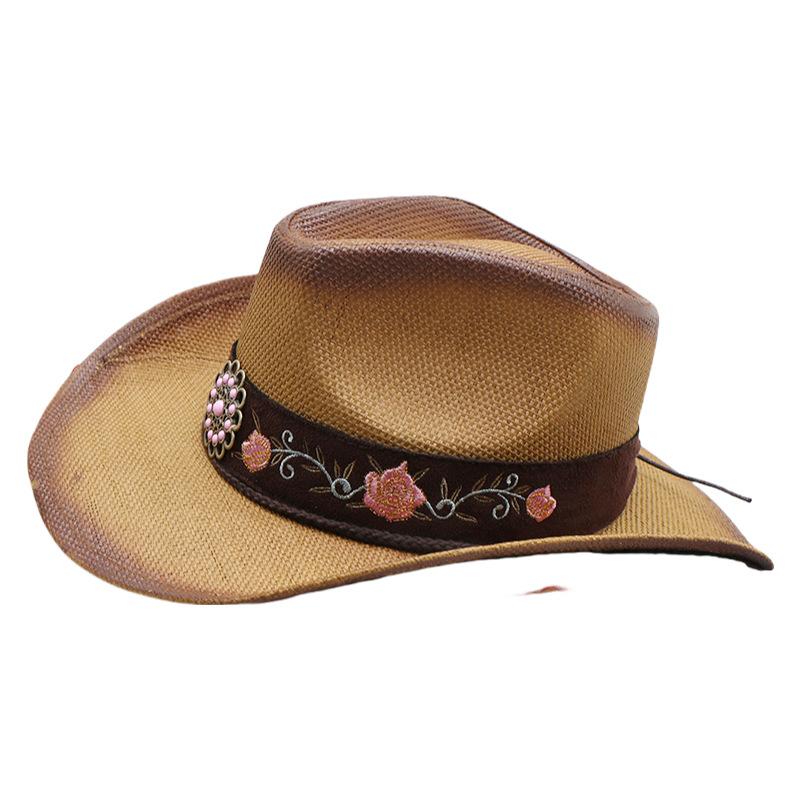 Western Cowboy Hat Women'S Embroidery Shade Straw Hat Ethnic Style Outdoor Jazz Hat