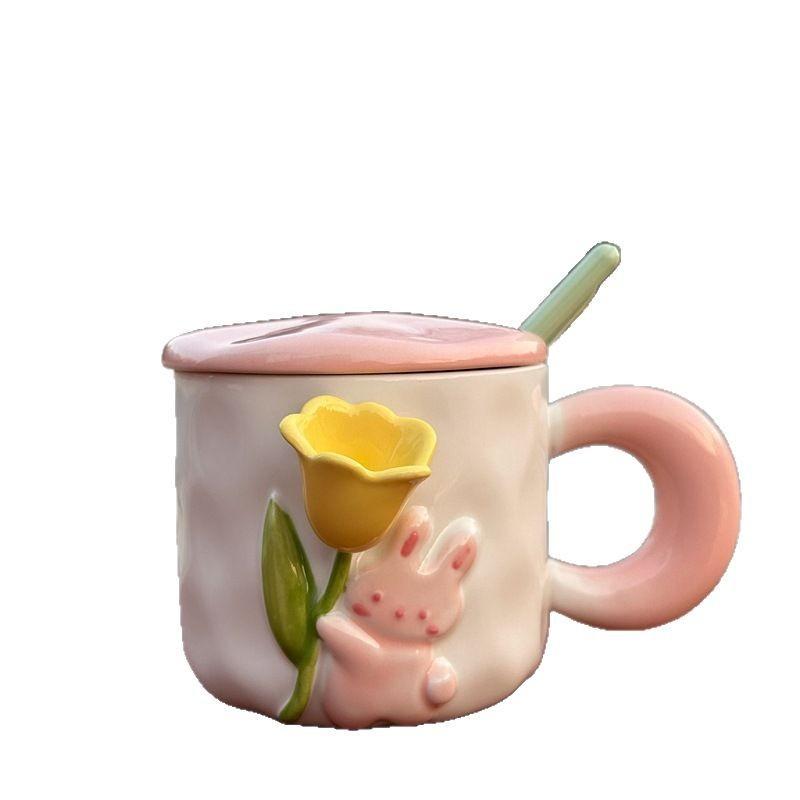 Cute Rabbit Ceramic Cup Tulip Cup Large Capacity Water Cup for Girls Household Gift with Cover Spoon Ceramic Cup