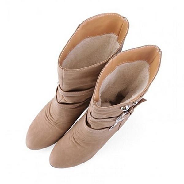 Women Fashion  Shoes Slope with Boots Leather Boots Belt Buckle Metal Boots