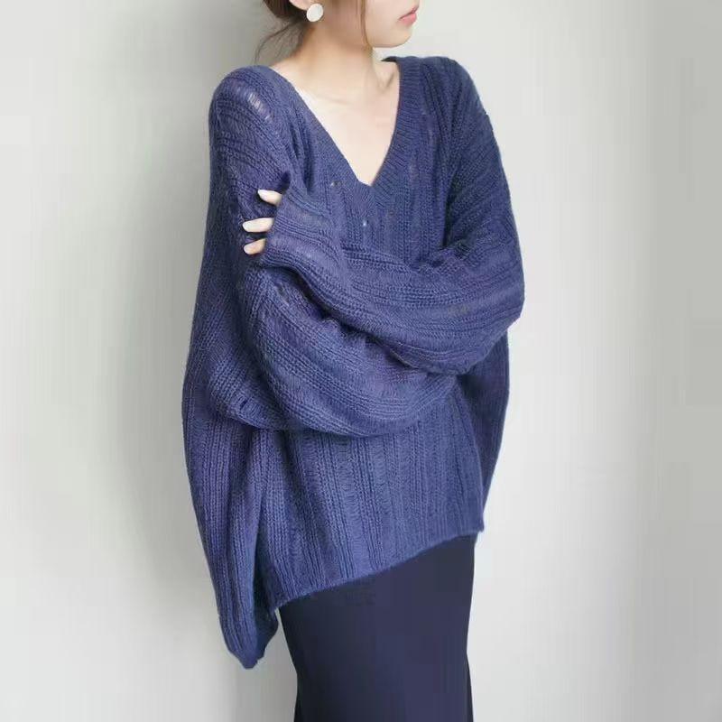 Spring and Autumn Lazy Style Knitted Sweater Women's Loose Outer Wear Hollow Out V-neck Casual Slim Base Layer Thin