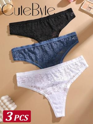 3 Peças/Conjunto Calcinhas de Renda Sexy Lingerie Floral Sexy Cintura Baixa Tanga Cor Profunda Roupa Íntima Feminina Moda Calcinhas Macias S-XL