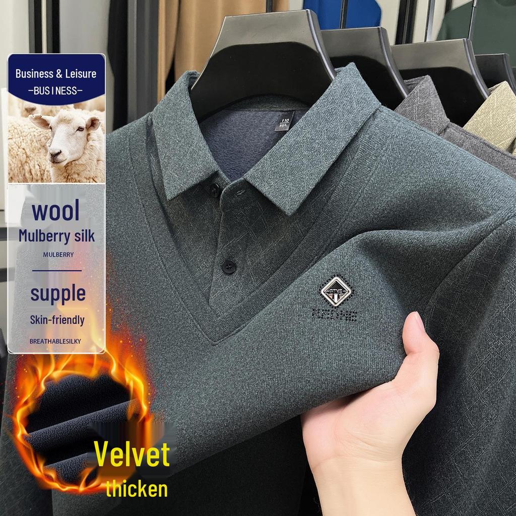 Men's Middle-Aged & Elderly Business Casual Faux Two-Piece Sweater - Warm, Velvet-Enhanced Knit Base Layer with Lapel