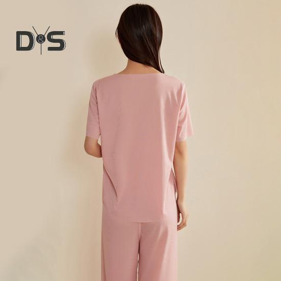 Women's Ice Silk Pajamas Set Short Sleeved Top Wide Leg Pants Sleepwear Set Summer Ultra Thin Two Piece Lounge Nightwear