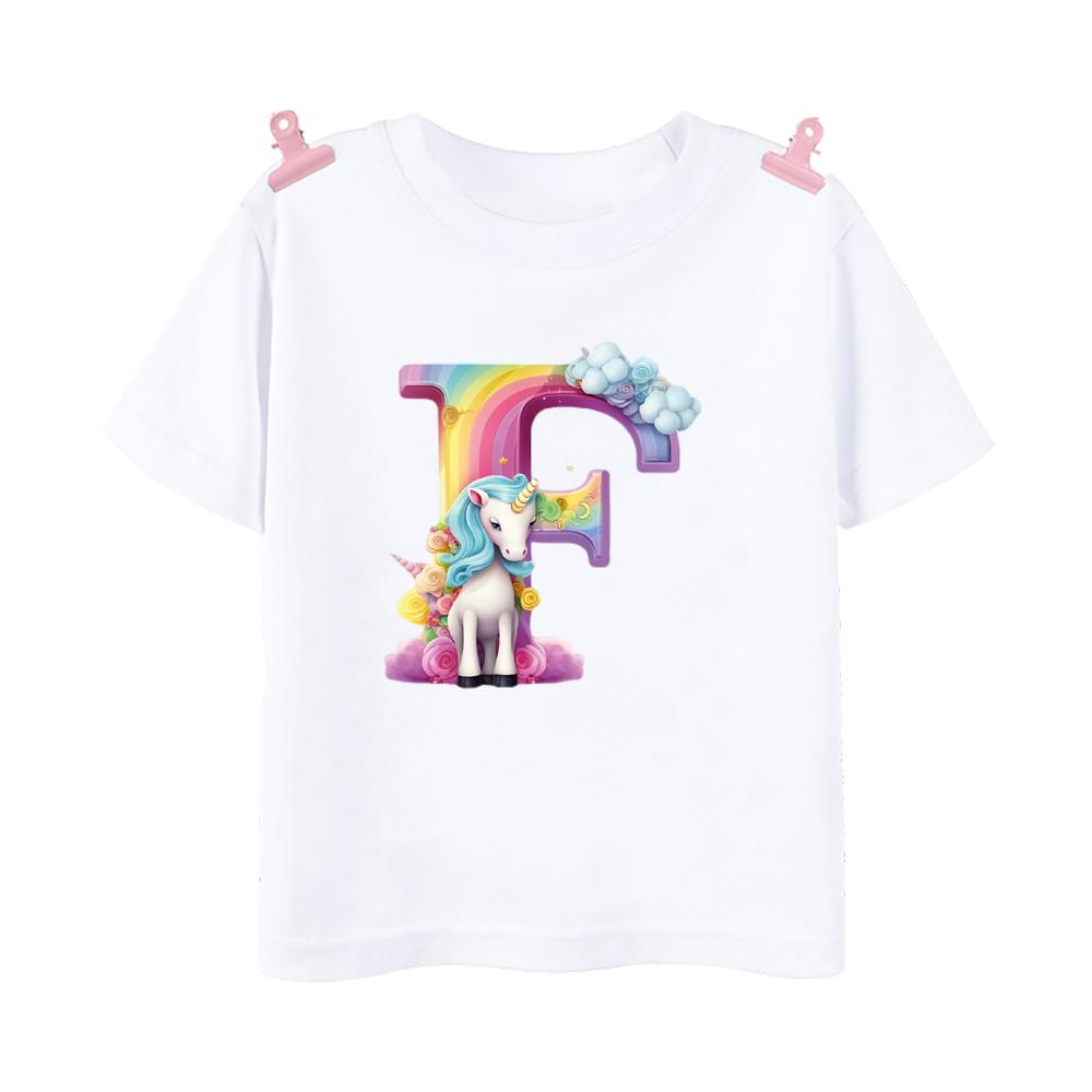 

Футболка с принтом Unicorn Rainbow Initial AZ для детей, летняя футболка для мальчиков и девочек, топы с коротким рукавом, милая одежда для малышей, футболка 120