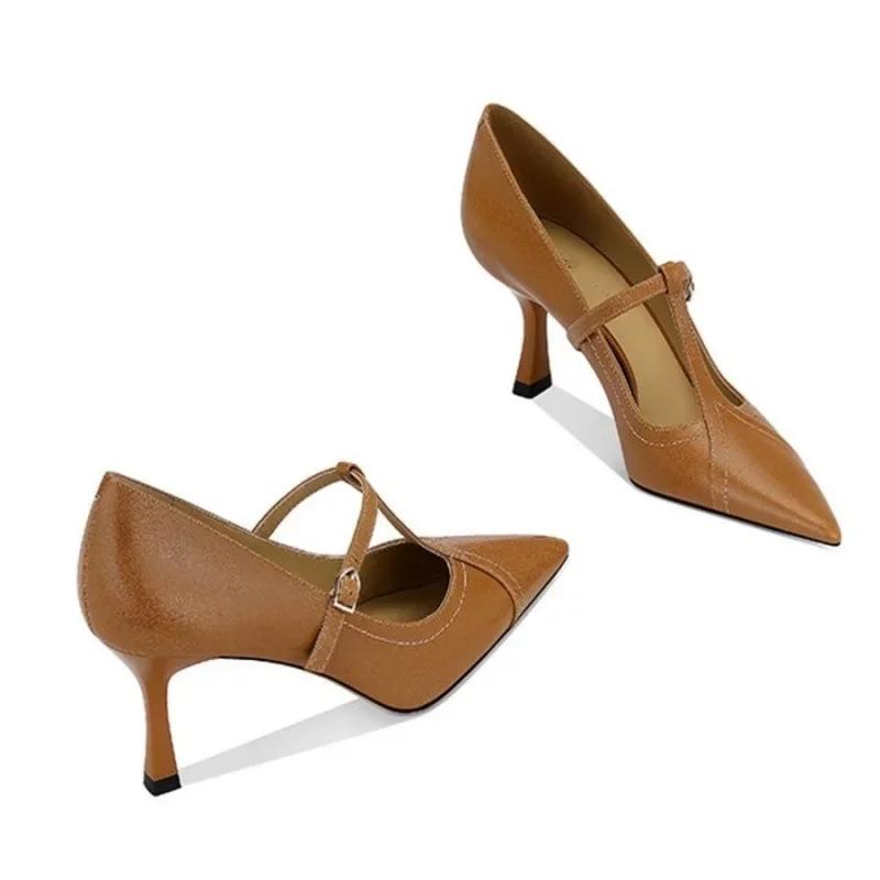 Hot Sale Of The Season Elegant Brown Pointed Toe High Heel Single Shoes French Style Mary Janes for Banquet Lightweight Comforta