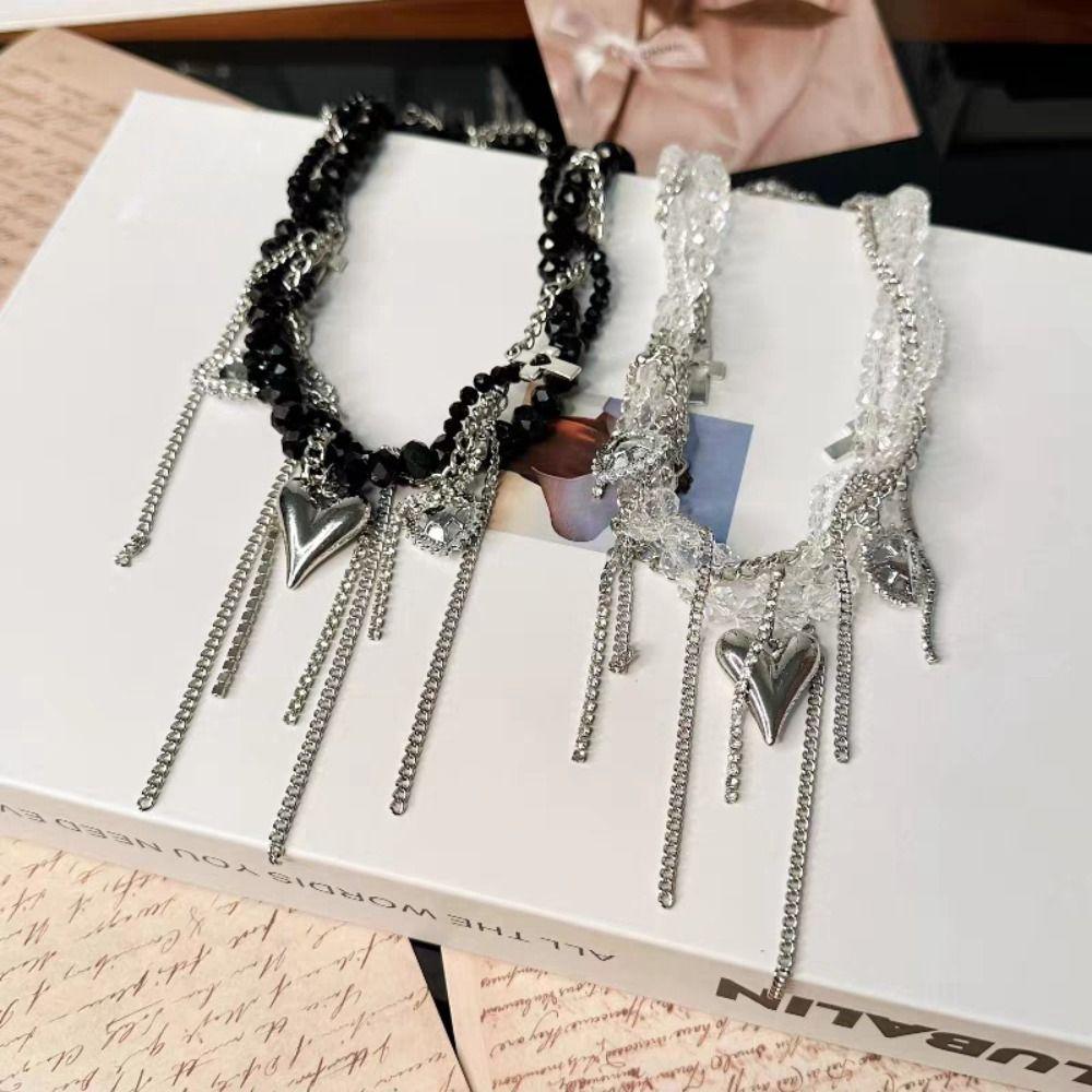 Punk Heart Pendant Necklace Transparent Y2K Crystal Necklace Fashion Beaded Rhinestone Choker  Gift