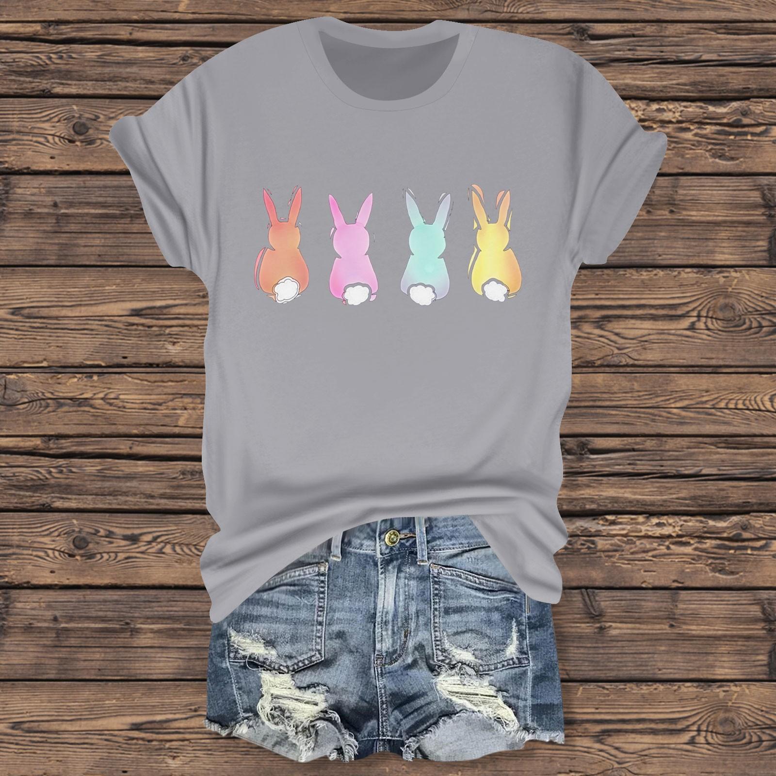 Women s Casual Easter Printed T-Shirt Round Neck Pullover Short Sleeve Top XXL