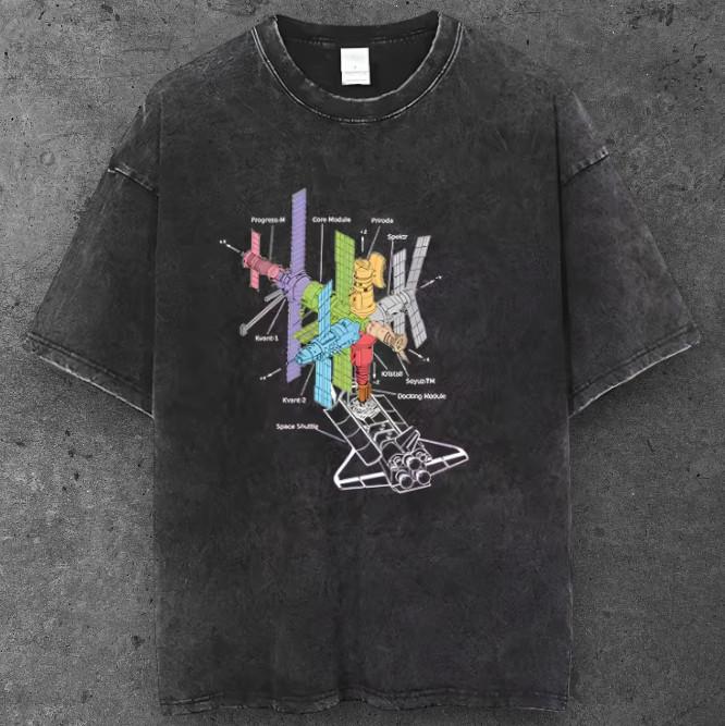 Unisex Space Station Blueprint Oversized T Shirt Black Y2K Streetwear S-2XL S