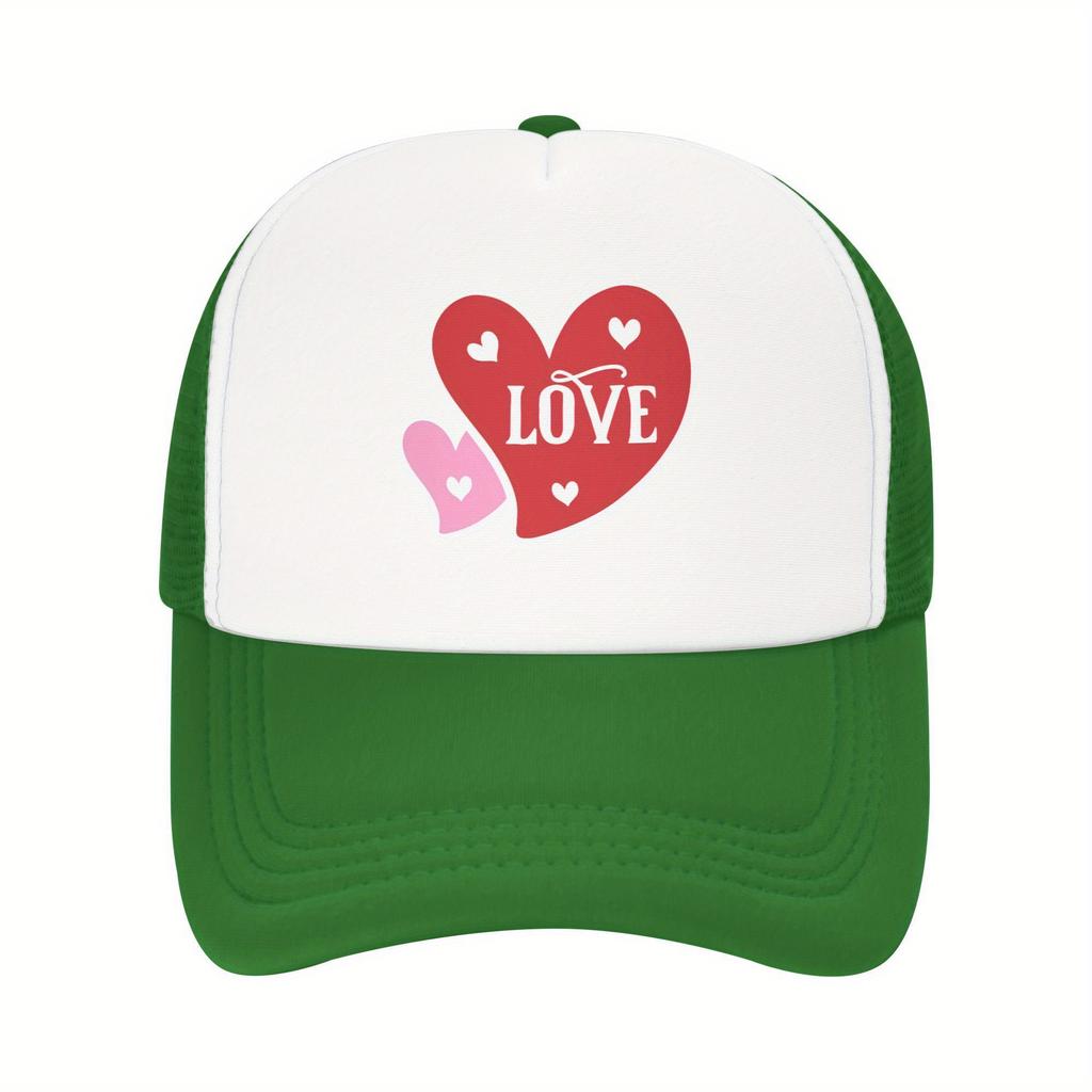 Love Heart Graphic Mesh Trucker Hat Polyester Casual Adjustable Snapback Baseball Cap for Men Women