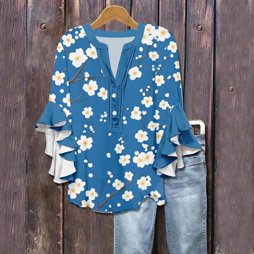 Women's Summer Tops V Neck Three-quarter Sleeves Floral Print Flowing Ruffle Sleeves Half-button Shirt