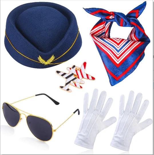 Neuer Flugbegleiterinnenhut, Sonnenbrille, Seidenschal, Handschuhe Brosche Stewardess Cosplay Kostüm Kostüm Party Requisiten Zubehör