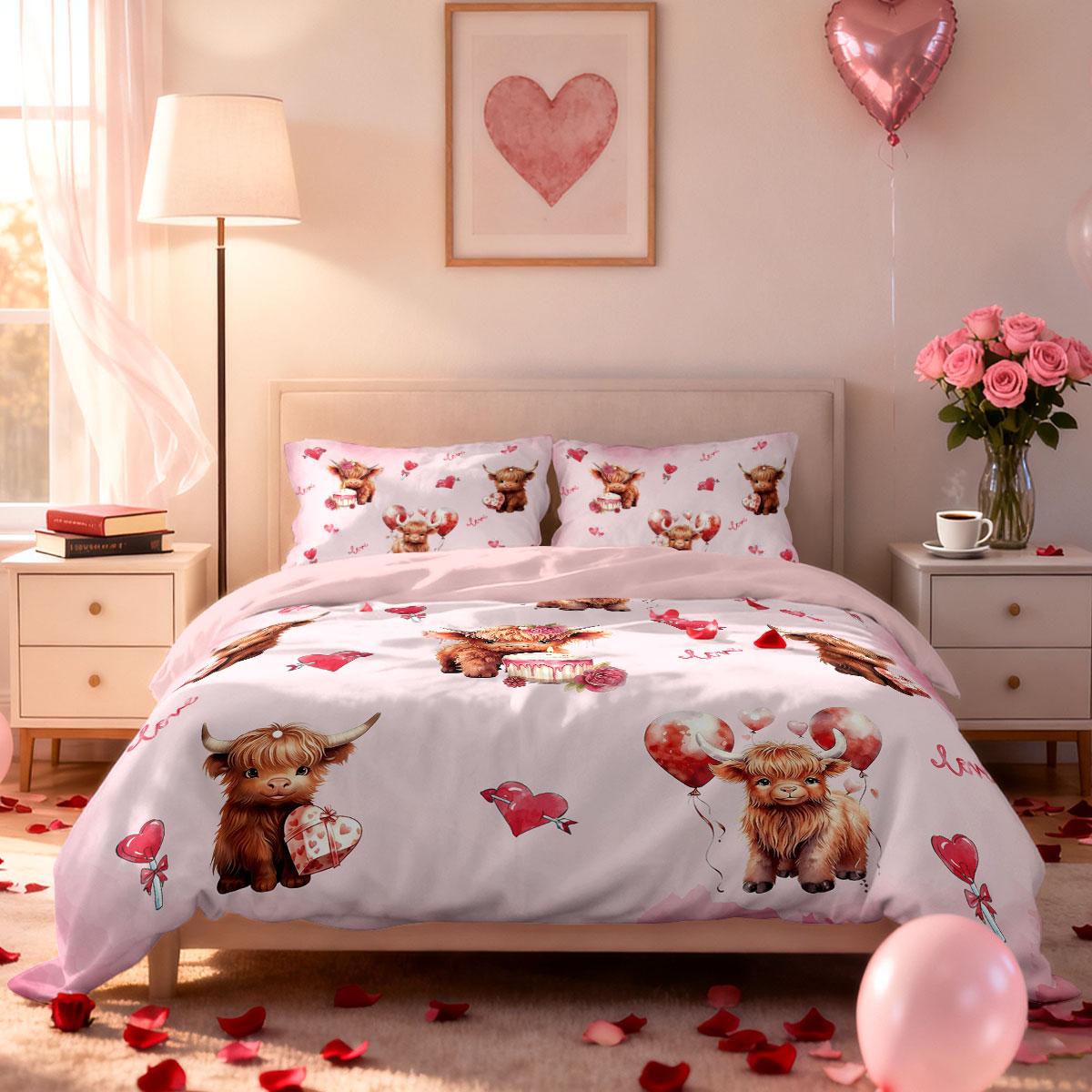 

3pc Valentine s Day Pink Romantic Highland Cow Print Coreless Bedding Set Multi Size Bedroom Bedding Decoration Machine Washable 135x200cm-EU-Single&set