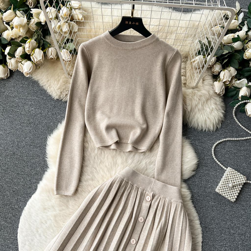High-End-Lazy-Style-Strick-Fashionset-Damen-Zweiteiler-Anzug für Herbst und Winter, Rundhals-Oberteil + Faltenrock mit hoher Taille