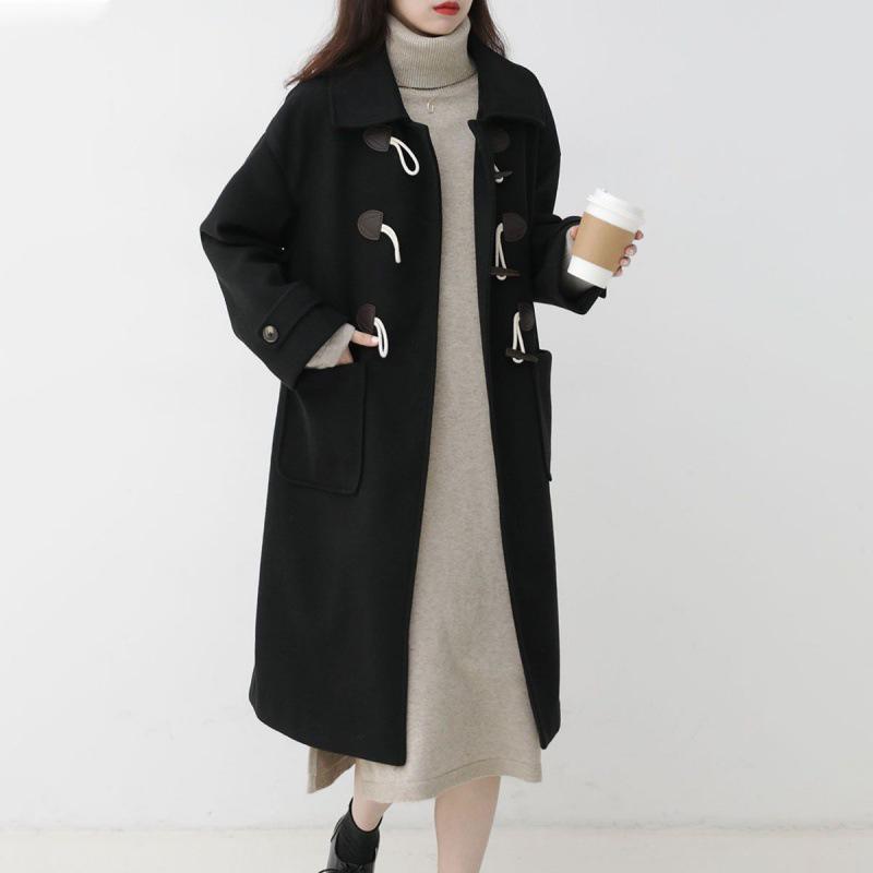Women's Retro Toggle Wool Coat: Mid-Length Korean Preppy Style, Thickened for Autumn & Winter 2023