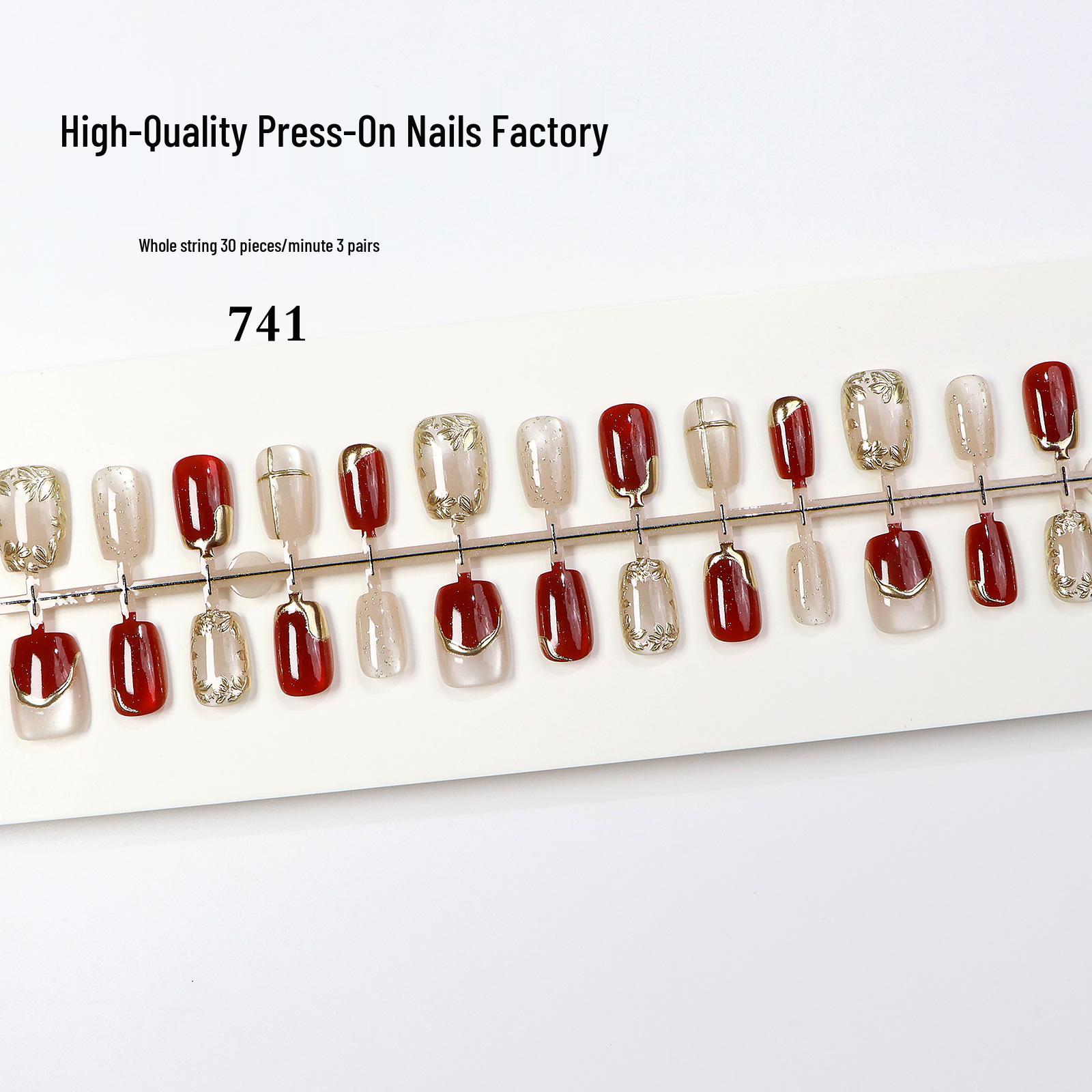 French Style Transparent Cat-Eye Press-On Nails with Retro Gold Floral Design M/M/M