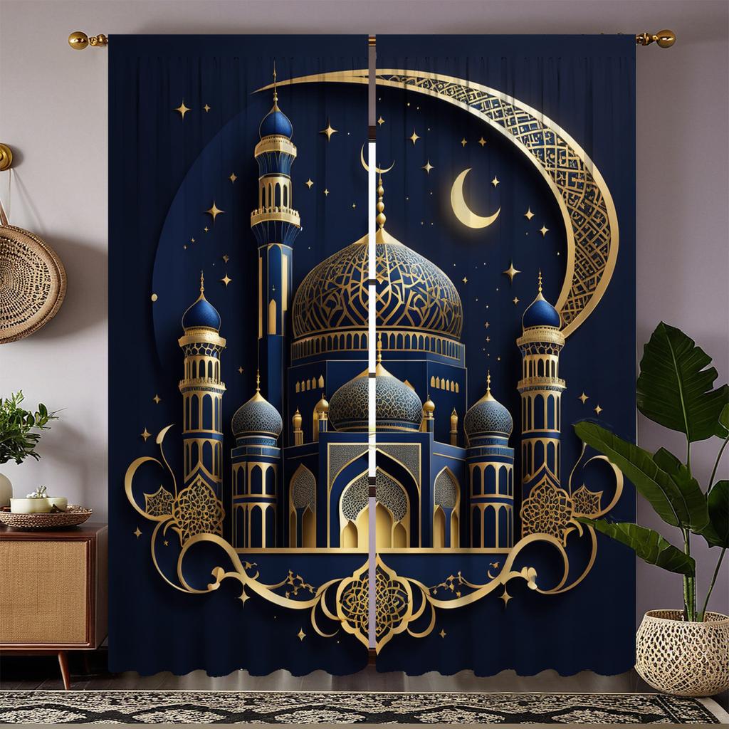 Set Of 2 Islamic Architecture Curtains Golden Star Moon Print Polyester Living Room Bedroom Light Blocking Made Area Window Treatment