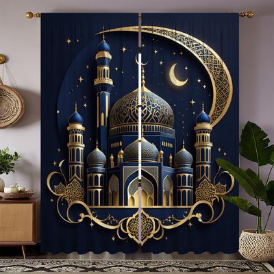 Set Of 2 Islamic Architecture Curtains Golden Star Moon Print Polyester Living Room Bedroom Light Blocking Made Area Window Treatment