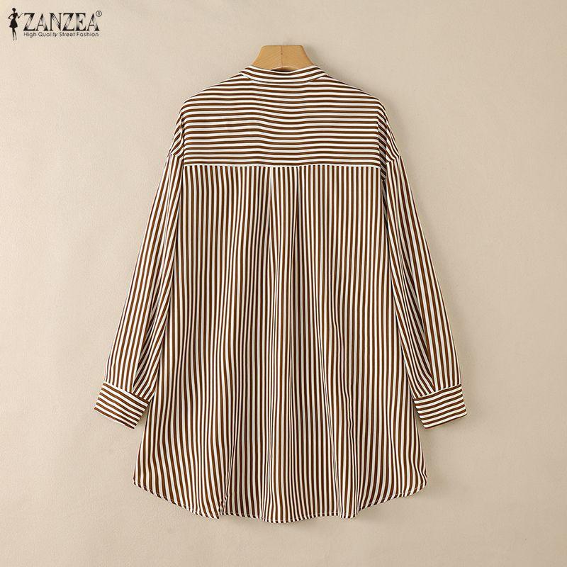 ZANZEA Camicetta Casual da Donna a Maniche Lunghe a Righe, Collo Alto, Vestibilità Larga