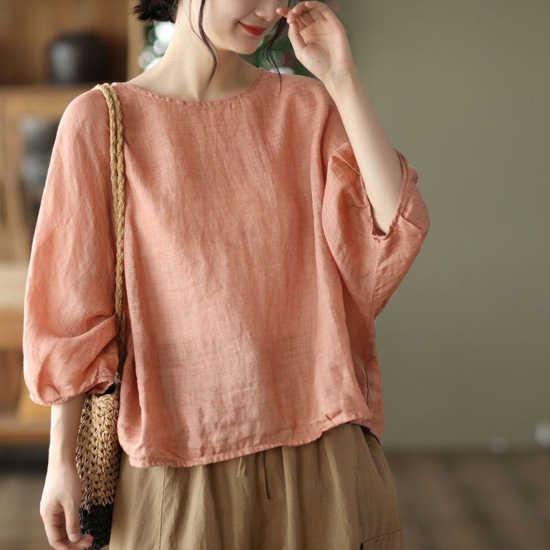 Plus Size Women Retro Cotton Linen T-Shirt Casual Loose O-Neck Long Sleeve Tees Spring Summer Basic Tops Shirts