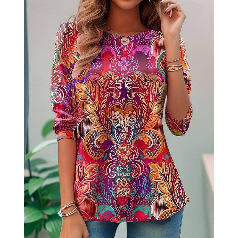 Women's Casual T-shirt 3D Printed Ethnic style vintage prints Round Neck Retro Elegant Long Sleeves Women's Fashion Pullover Long Sleeve Tops