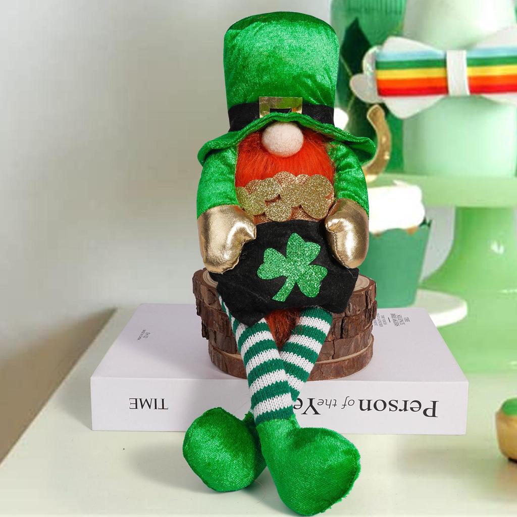 St. Patrick's Day Long-Legged Gnome Doll with Four-Leaf Clover - Green Ornament for Home Decor